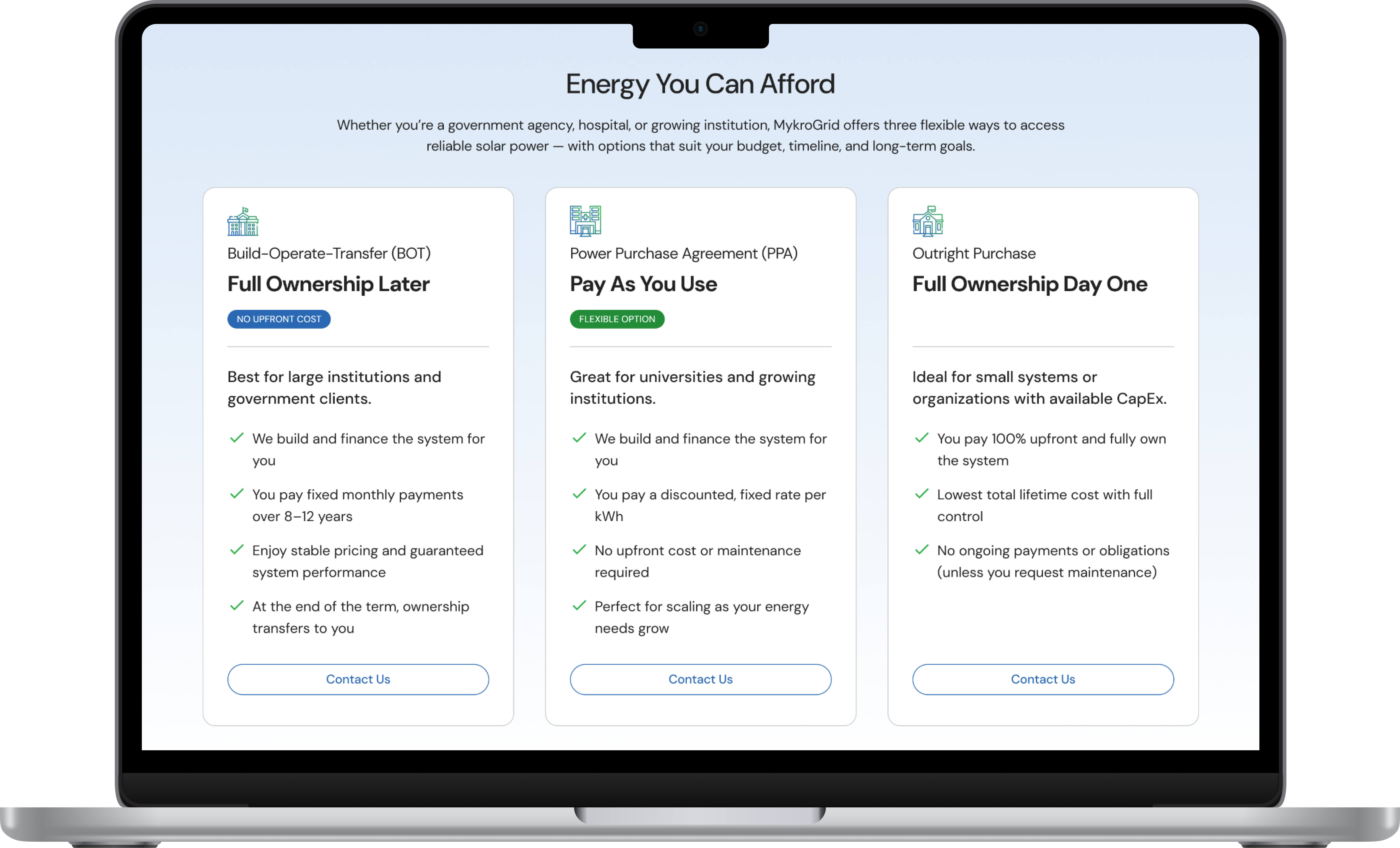 Small Businesses and Markets page — MykroGrid website redesign